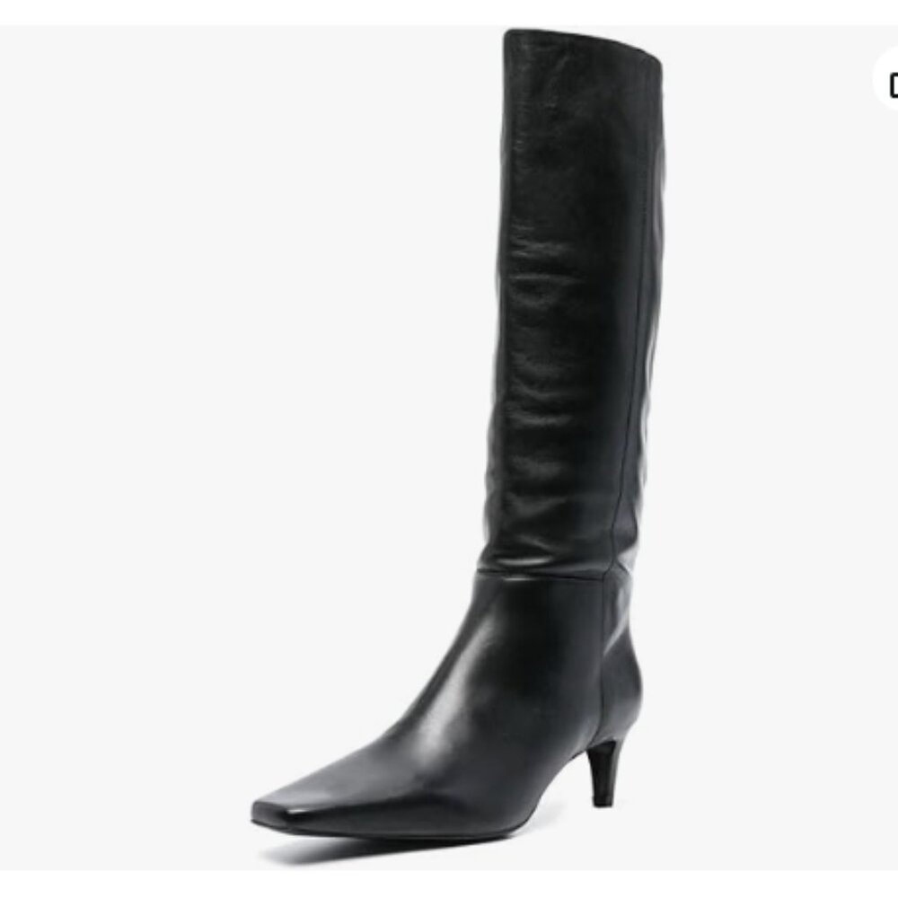 miss left Women Stretchy Knee High Boots Closed Square Toe Low Kitten Heel Black